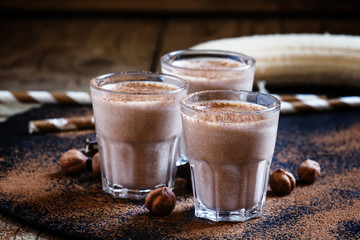 Banana nut smoothie with chocolate, selective focus