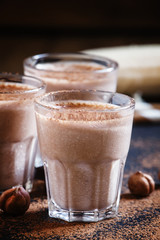 Banana nut smoothie with chocolate, selective focus