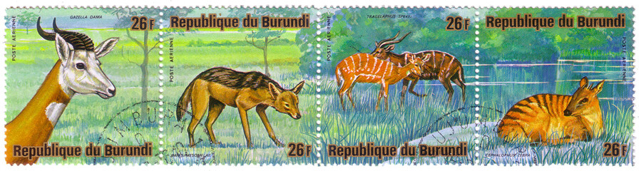 REPUBLICA BURUNDI - CIRCA 1976: A stamp printed in Republica Burundi shows african animals gazella dama, canis mesomelas, tragelaphus spekei, Cephalophus zebra, circa 1976