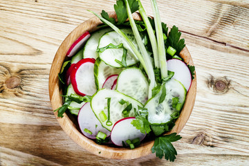 Spring salad with radishes, cucumber, green onions and herbs, wo