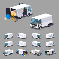 White van. 3D lowpoly isometric vector illustration. The set of objects isolated against the grey background and shown from different sides