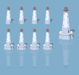 White lighthouse. 3D lowpoly isometric vector illustration. The set of objects isolated against the blue background and shown from different sides