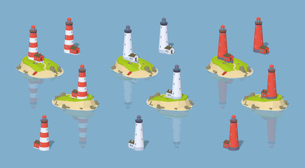 Lighthouses. 3D lowpoly isometric vector illustration. The set of objects isolated against the blue background and shown from two sides