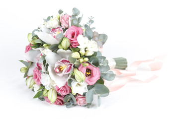 White and pink bridal bouquet isolated on white background