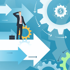 Businessman and working business. Illustration with gear wheels, cogwheels. Business concept of success, ambitions, searching, economic, growth, development, strategy, teamwork, development.