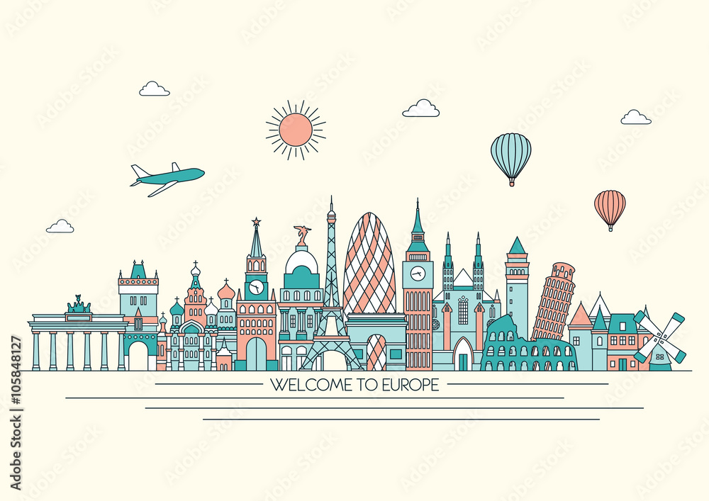 Wall mural europe detailed skyline. vector line illustration. line art style. travel and tourism background