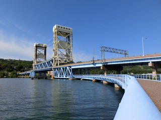 Houghton, Michigan drawbridge across river - landscape color photo