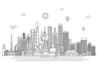 China detailed Skyline. Travel and tourism background. Vector background. line illustration. Line art style