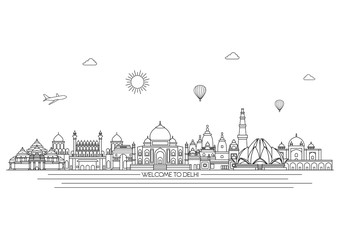 Delhi detailed skyline. Travel and tourism background. Vector background. line illustration. Line art style - 105848551