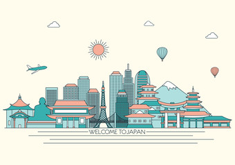 Japan detailed skyline. Travel and tourism background. Vector background. line illustration. Line art style