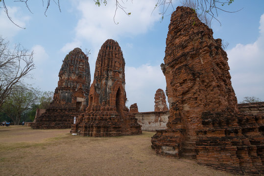 Beautiful ancient site in Wat Maha That Ayutthaya as a world heritage site, Thailand