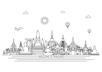 Obraz premium Thailand detailed Skyline. Travel and tourism background. Vector background. line illustration. Line art style