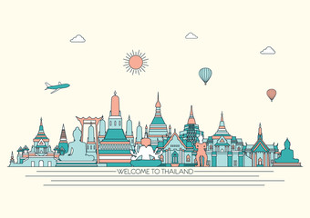 Fototapeta premium Thailand detailed Skyline. Travel and tourism background. Vector background. line illustration. Line art style