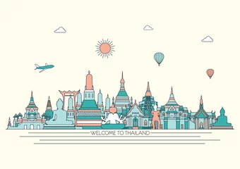 Foto op Canvas Thailand detailed Skyline. Travel and tourism background. Vector background. line illustration. Line art style © lisakolbasa