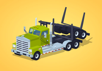 Folded log truck against the yellow background. 3D lowpoly isometric vector illustration