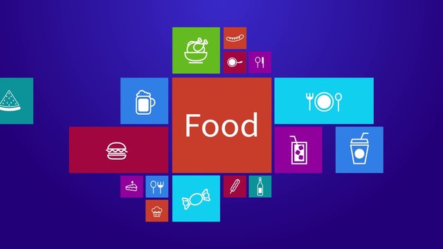 Trendy computer or mobile application app program animation of flat food and restaurant menu review icon in colorful geometric square block window background in 4k ultra hd with text