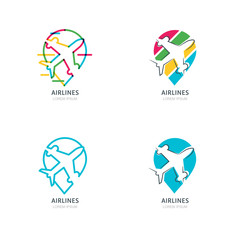 Flight airplane silhouette and waypoint symbol. Set of vector flat and outline logo, emblems or labels design elements. Map point icons. Travel agency, airlines, sale tickets concept. 