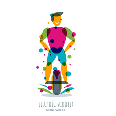 Young man on electric scooter mono wheel. Vector multicolor illustration of modern device monowheel, isolated. Abstract logo design elements. Eco transport and outdoor sports concept.
