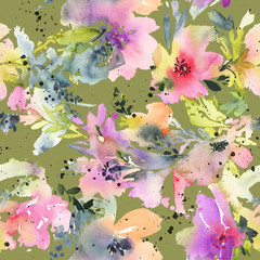 Fototapeta na wymiar Abstract watercolor flowers. Seamless pattern
