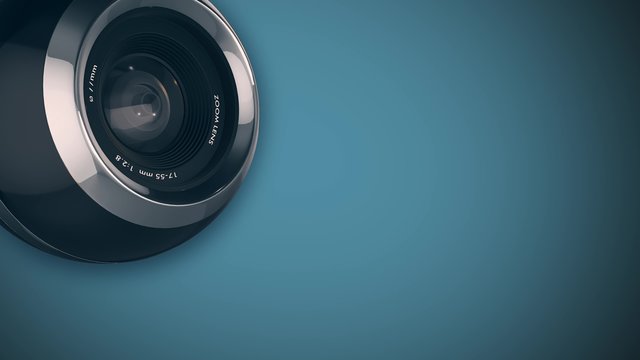 a digital camera that looks around, then stops and turns on a red light into the lens, empty space at the right, concept of spying (3d render)