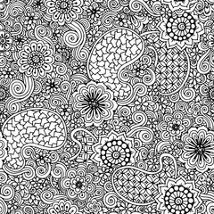 Doodle seamless background in vector with doodles, flowers and paisley. 
