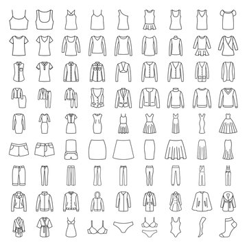 Clothes icons. Line icons women fashion clothes