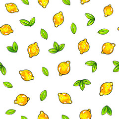 Beautiful yellow lemon fruits isolated on white background. Lemon drawing. Seamless pattern