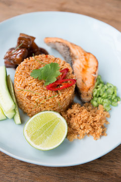 Thai spicy fried rice with salmon.