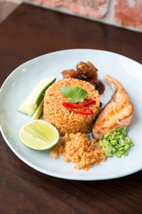 Thai spicy fried rice with salmon.