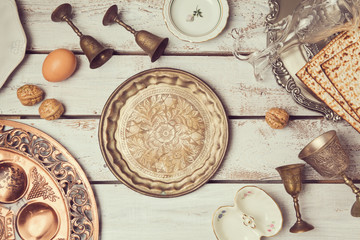 Jewish holiday Passover background with vintage plate. View from above. Flat lay