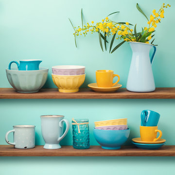 Kitchen shelfs with cups and dishes
