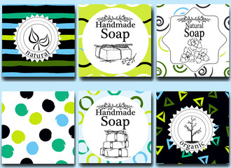 Vector set of seamless patterns, labels and logo design templates for handmade natural soap packaging and wrapping paper