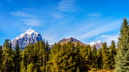 Snow capped mountain peaks in Yoho National Park in the Canadian Rocky Mountains under blue sky