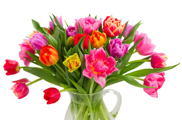 bouquet of  pink, purple and red  tulips