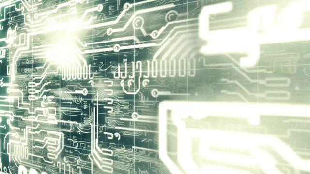 Seamless 3D motion graphic animation of glowing electricity light movement in electrical circuit with abstract background pattern with camera swinging in film grain green retro color