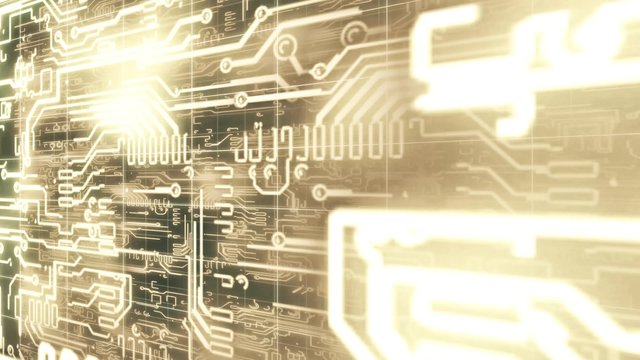 Seamless 3D animation of glowing electricity light movement in electrical circuit with abstract background pattern with camera swinging in golden retro color
