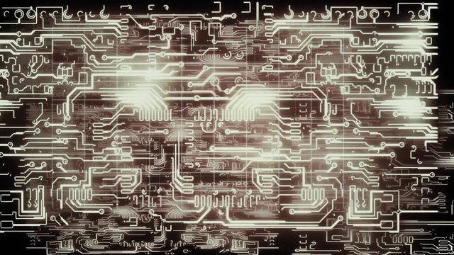 Seamless 3D motion graphic animation of glowing electricity light movement in electrical circuit shape with abstract background pattern in electronic and golden retro color style in 4k ultra HD loop