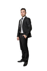 Obraz na płótnie Canvas Full portrait of young business man, put his hand in pocket, isolated on a white background
