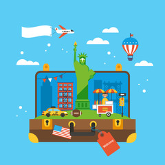 Travel to New York, USA concept with  icons inside suitcase.