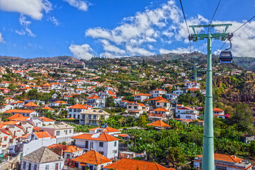  Madeira island, Portugal. Funchal city cable car houses view