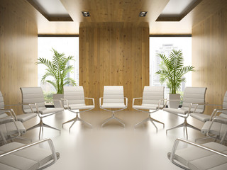 Interiopr of modern boardrooml with white armchairs 3D rendering
