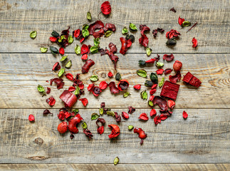 Red rose petals and dried flowers