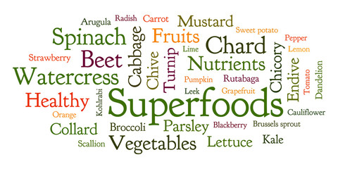 Superfoods word cloud. Healthiest fruits and vegetables.