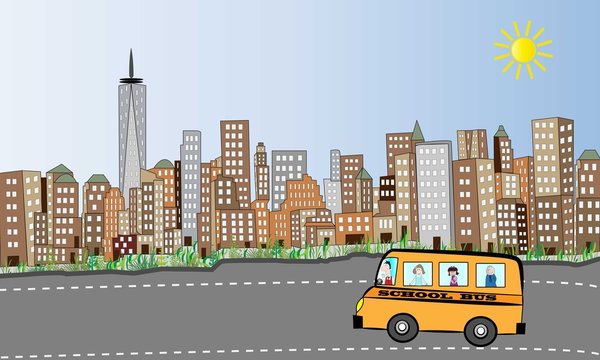 Paisaje de Manhattan con autob&uacute;s escolar circulando por la carretera,