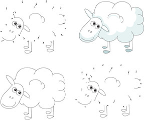 Fototapeta premium Kreskówka owiec. Kolorowanka i gra typu kropka-kropka dla dzieci