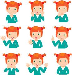 Red-haired girl doubts, rejoices, angry and gives advice