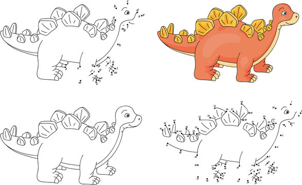 Cartoon stegosaurus. Coloring book and dot to dot game for kids
