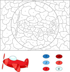 Cartoon plane. Color by number educational game for kids