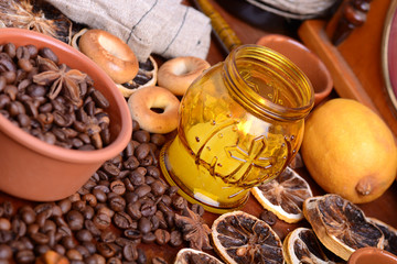 coffee beans and candle lemon on old vintage background