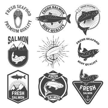 Set of the fresh salmon labels, emblems and design elements.